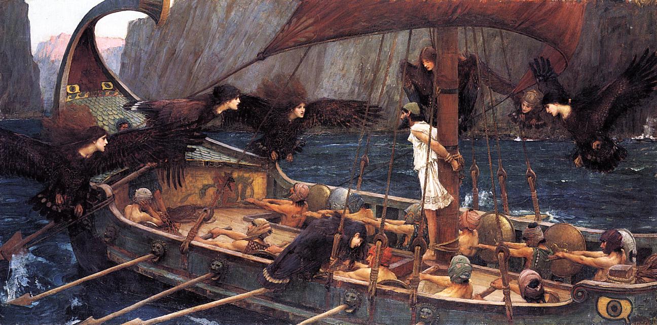 Ulysses (also known as Odysseus) stands with his hands tied behind his back to his ship's mast, as the Sirens, depicted as large black raptor birds with the heads of women with black hair, fly around him and his crew. His crew row on past the rocky cliffs in the background, their heads wrapped in cloth so they cannot hear the Sirens' song.