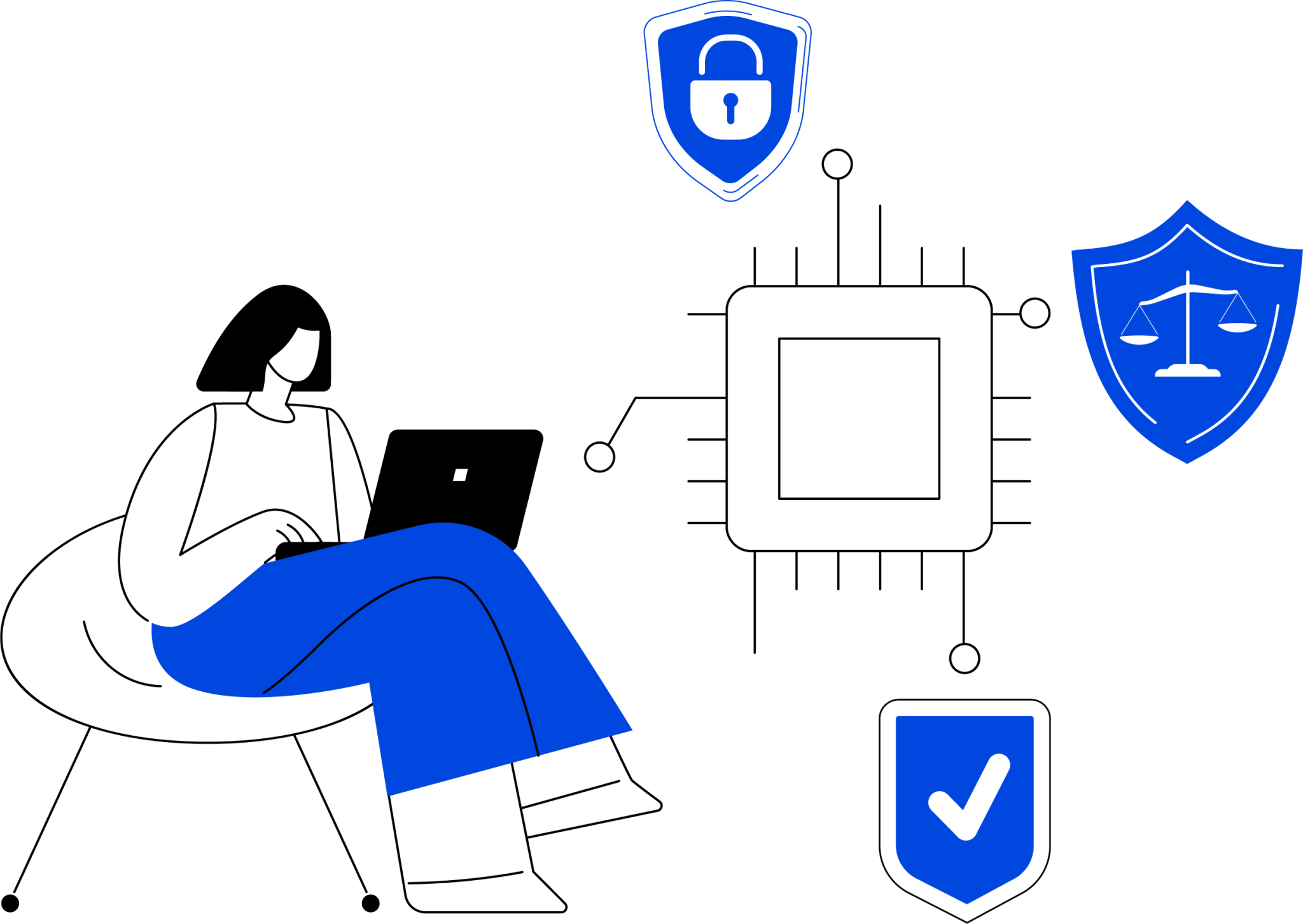 A graphic of a learner at a computer, with icons popping out to represent justice, security and correctness